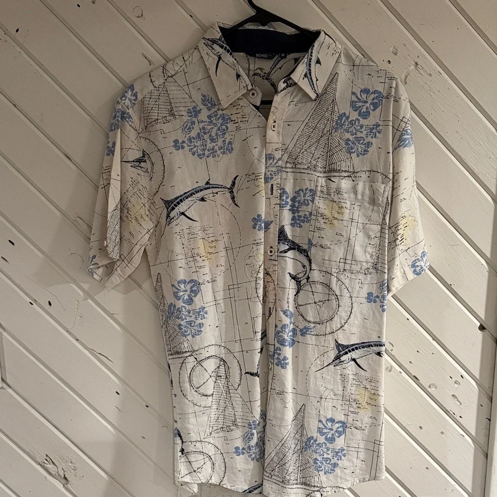 BOHIO Men's Casual Button Down Shirt - White and Blue - Picture 2 of 3